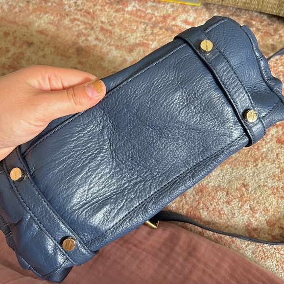 Michael Kors Bedford Large Bowling Satchel Navy Blue Supple Leather Gold Tone - Picture 6 of 11